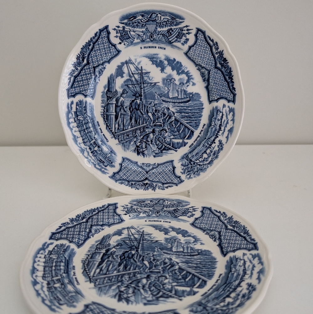ALFRED MEAKIN Staffordshire USS Constitution Bread & Butter 7" Plate Set 2 Blue
